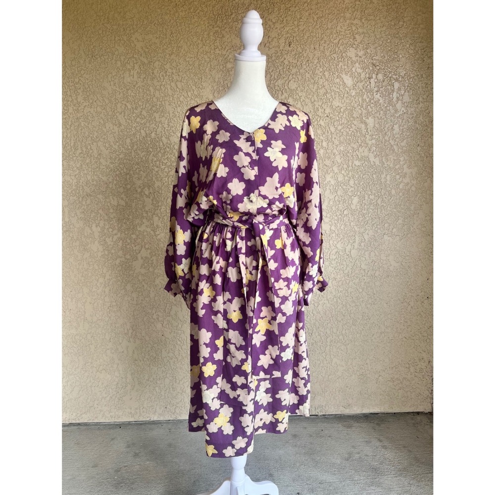 Vintage 1970s Purple Floral Midi Dress Long Sleeve with sash M